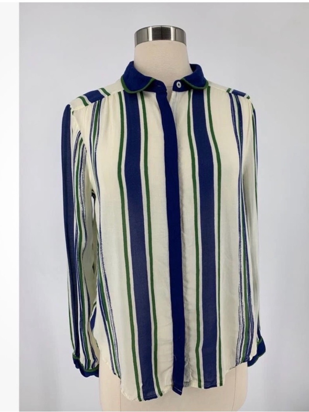 Maeve Vertical Stripe Button-Front Shirt in Blue, Green & White